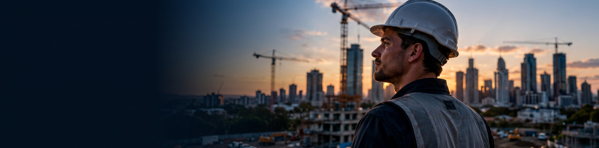 Construction professional in a hard hat looking across a Brisbane construction skyline at sunset